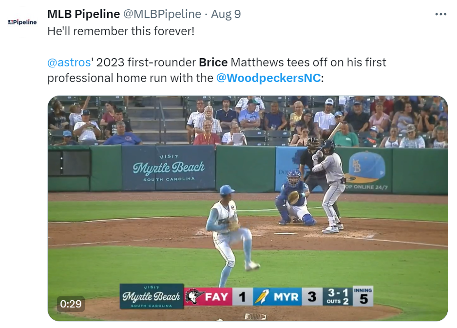 Tweet showing Brice Matthews hitting his first professional home run