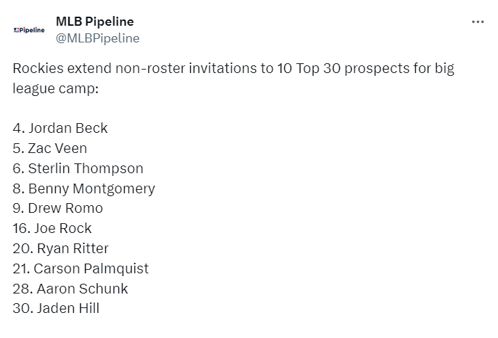 MLB Pipeline tweet on Rockies Top 30 prospects