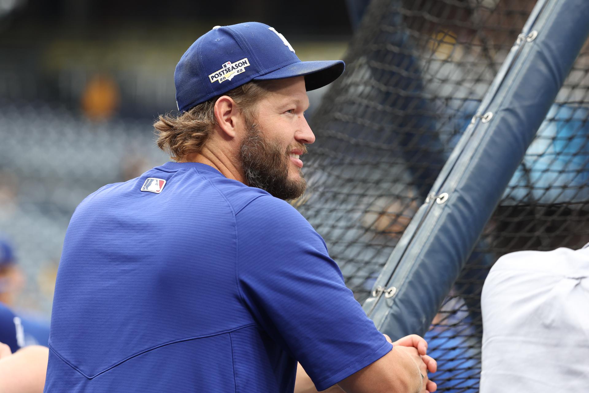 Dodgers pitcher Clayton Kershaw looks on during batting practice
