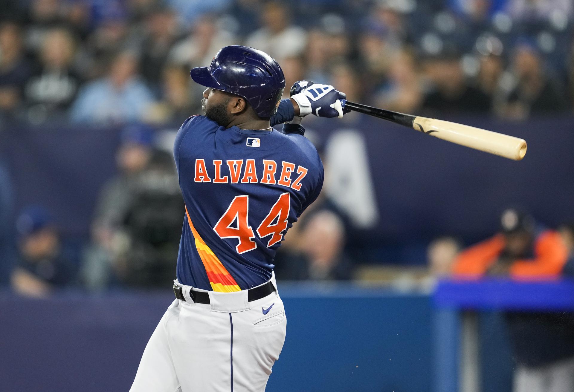 Yordan Alvarez follows through on his swing