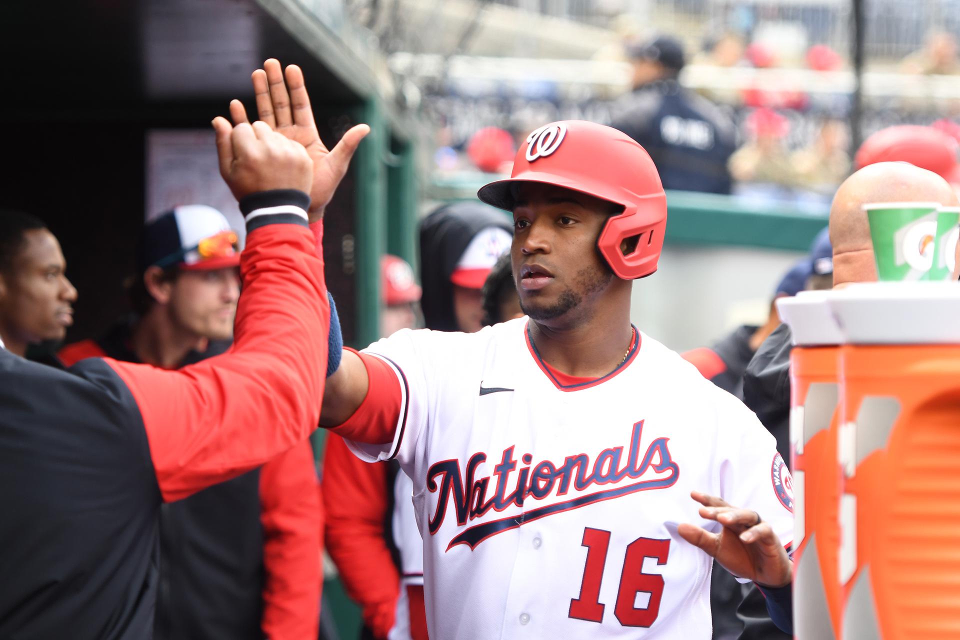 Victor Robles celebrates scoring a run in the fifth inning during game one of a doubleheader baseball game against the Arizona Diamondbacks at the Nationals Park