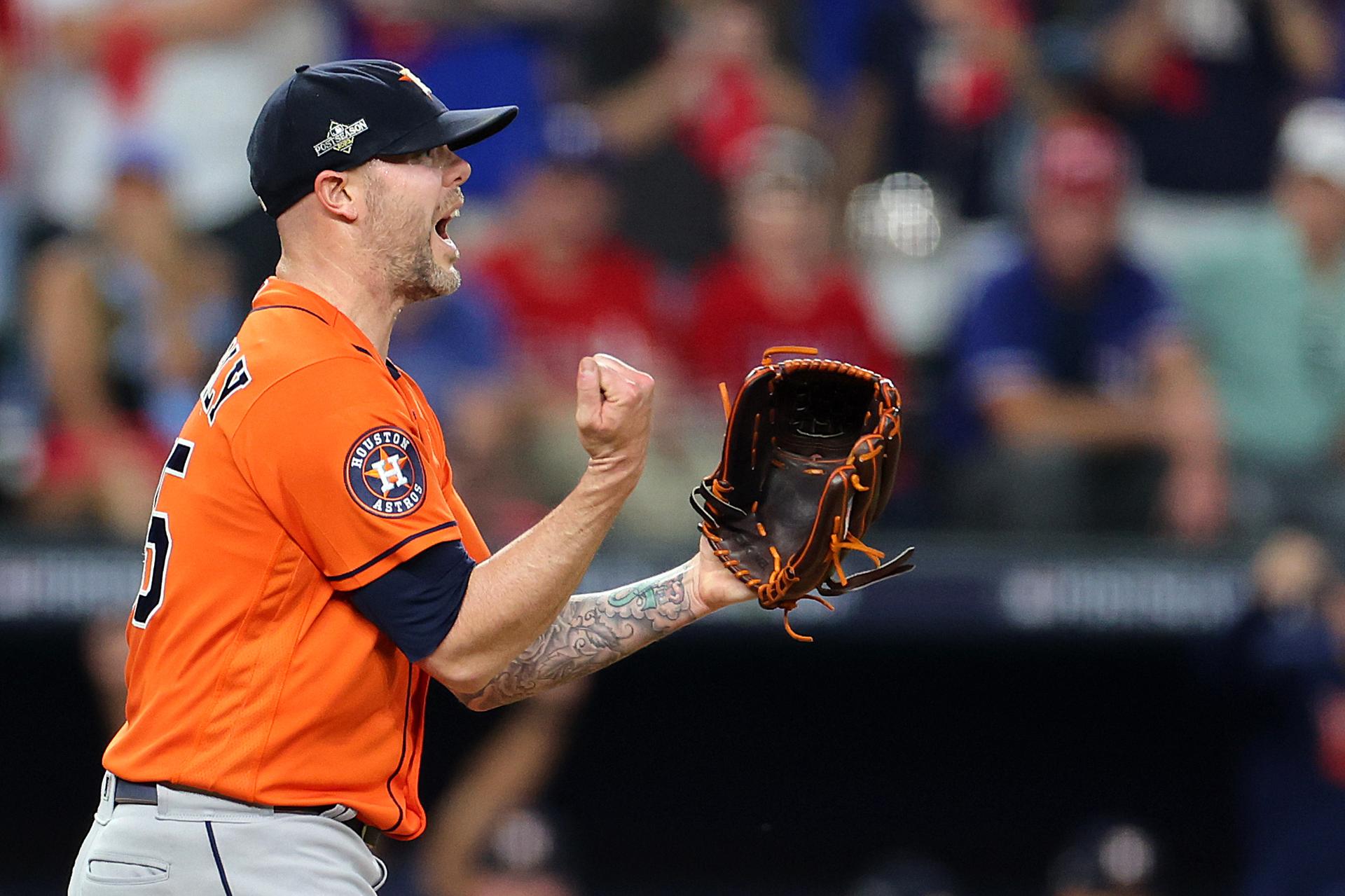 Ryan Pressly celebrates the Astros' win in Game 5 of the ALCS