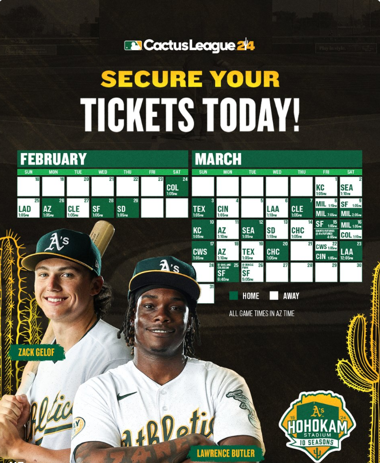 A green and gold graphic with the A's 2024 Spring Training schedule featuring pictures of Zack Gelof and Lawrence Butler