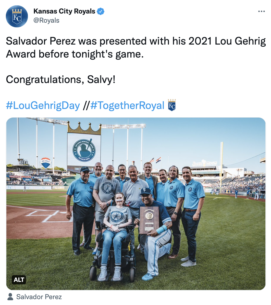 KC Royals Catcher Salvador Perez Wins Lou Gehrig Memorial Award