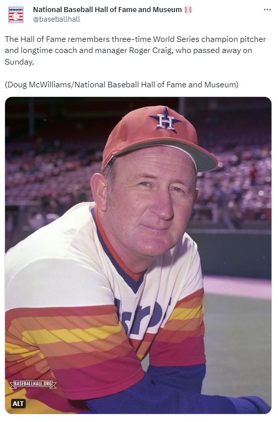 Baseball Hall of Fame tweet remembering Roger Craig