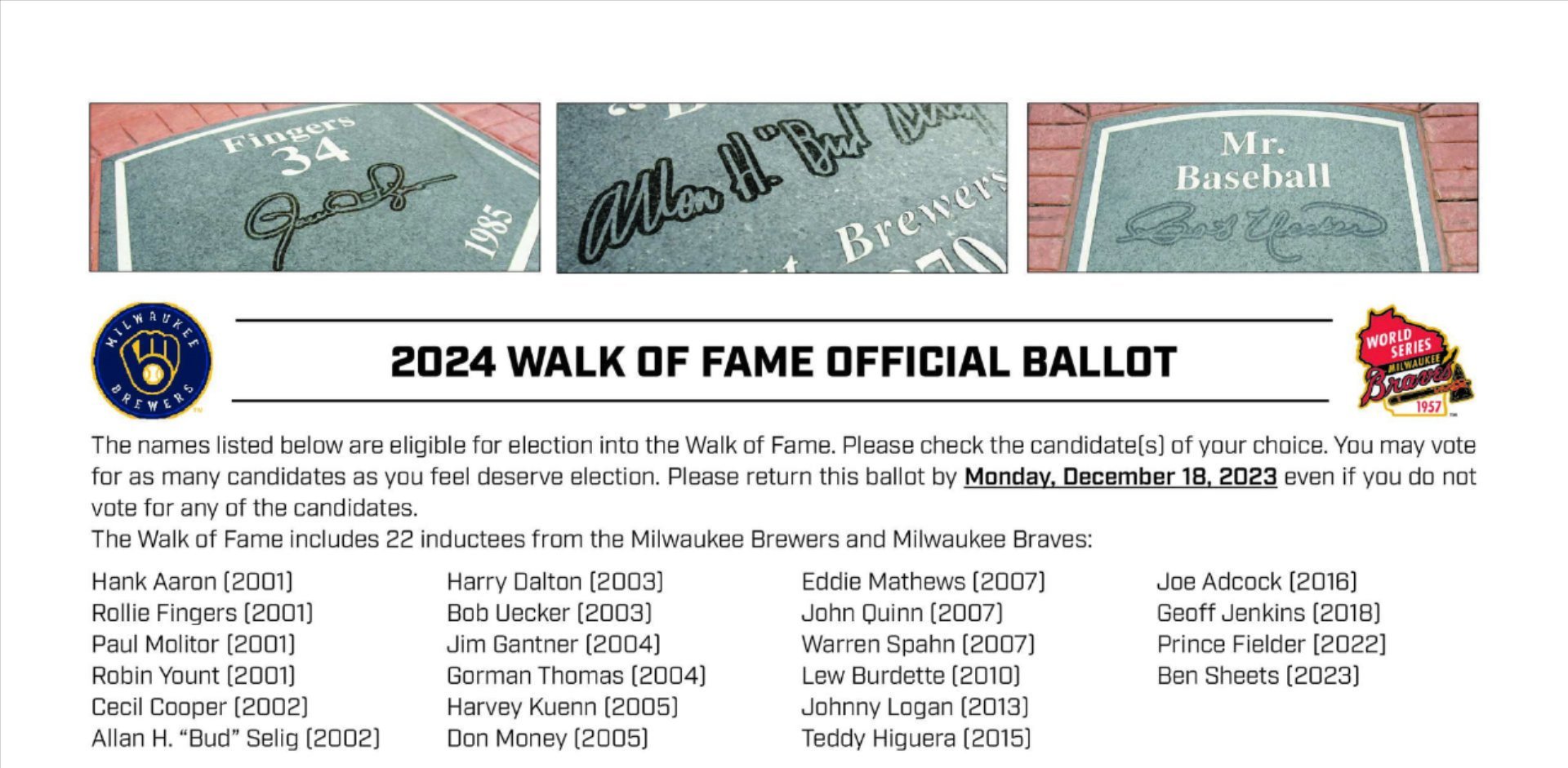 The top of the 2024 Walk of Fame ballot