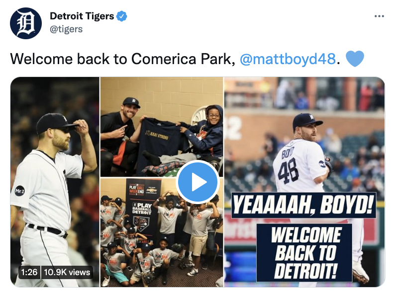 Tweet from Tigers welcoming Boyd back to Comerica Park