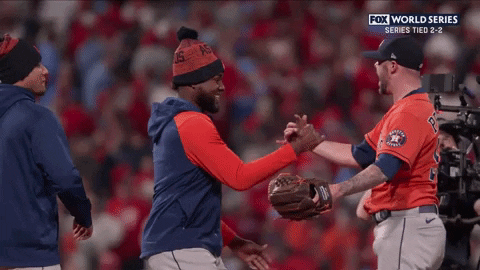 Cristian Javier hugging Ryan Pressly after the Astros no-hit the Phillies to tie the series 2-2 heading into Game 5