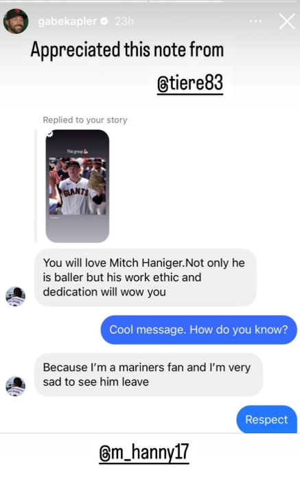 Screen grab of Gabe Kapler's Instagram post about Mitch Haniger