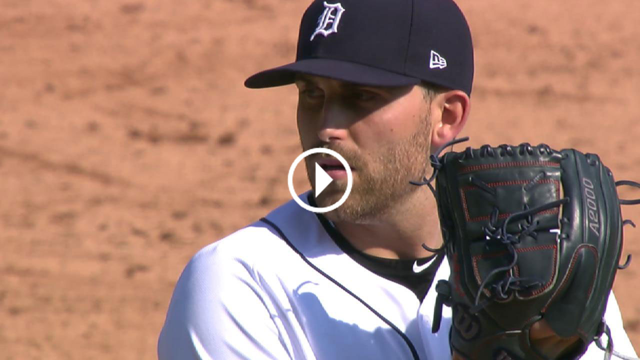 Screengrab of video of Matthew Boyd on the mound, with his glove near his face preparing to throw a pitch