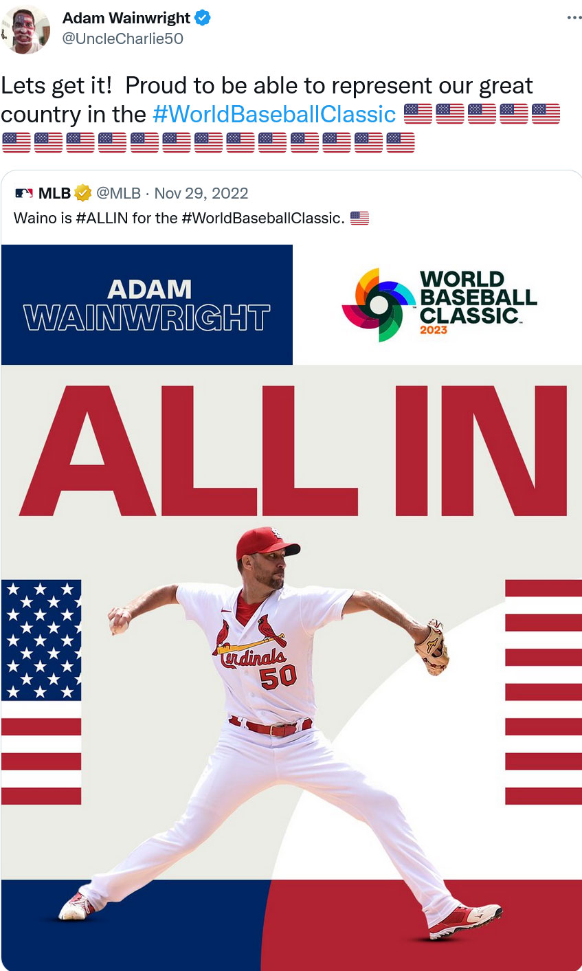 Adam Wainwright's tweet announcement for World Baseball Classic