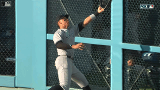 An animated gif of Aaron Judge knocking the fence open after making a catch