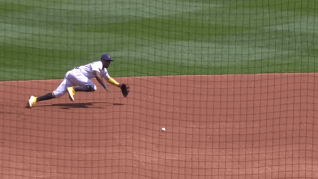 A gif of Brewers third baseman Andruw Monasterio making a diving play