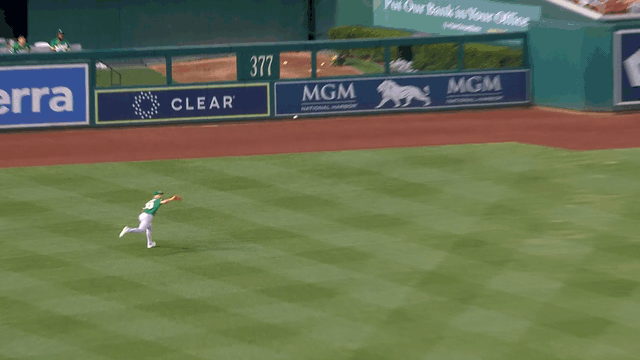 A gif of A's outfielder JJ Bleday diving to make a catch in left field