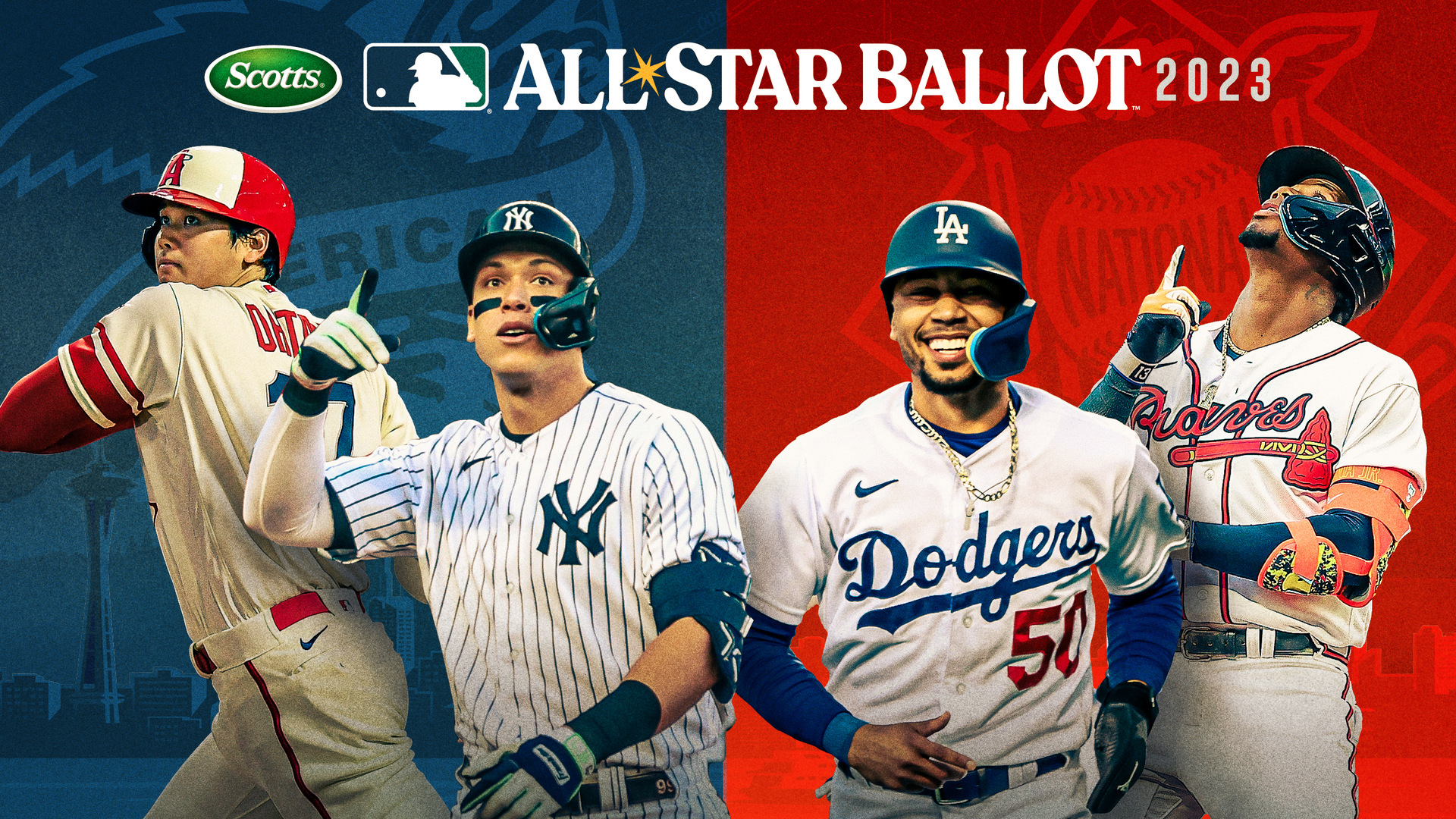 An image of Shohei Ohtani, Aaron Judge, Mookie Betts and Ronald Acuña Jr. below a graphic promoting the 2023 All-Star ballot