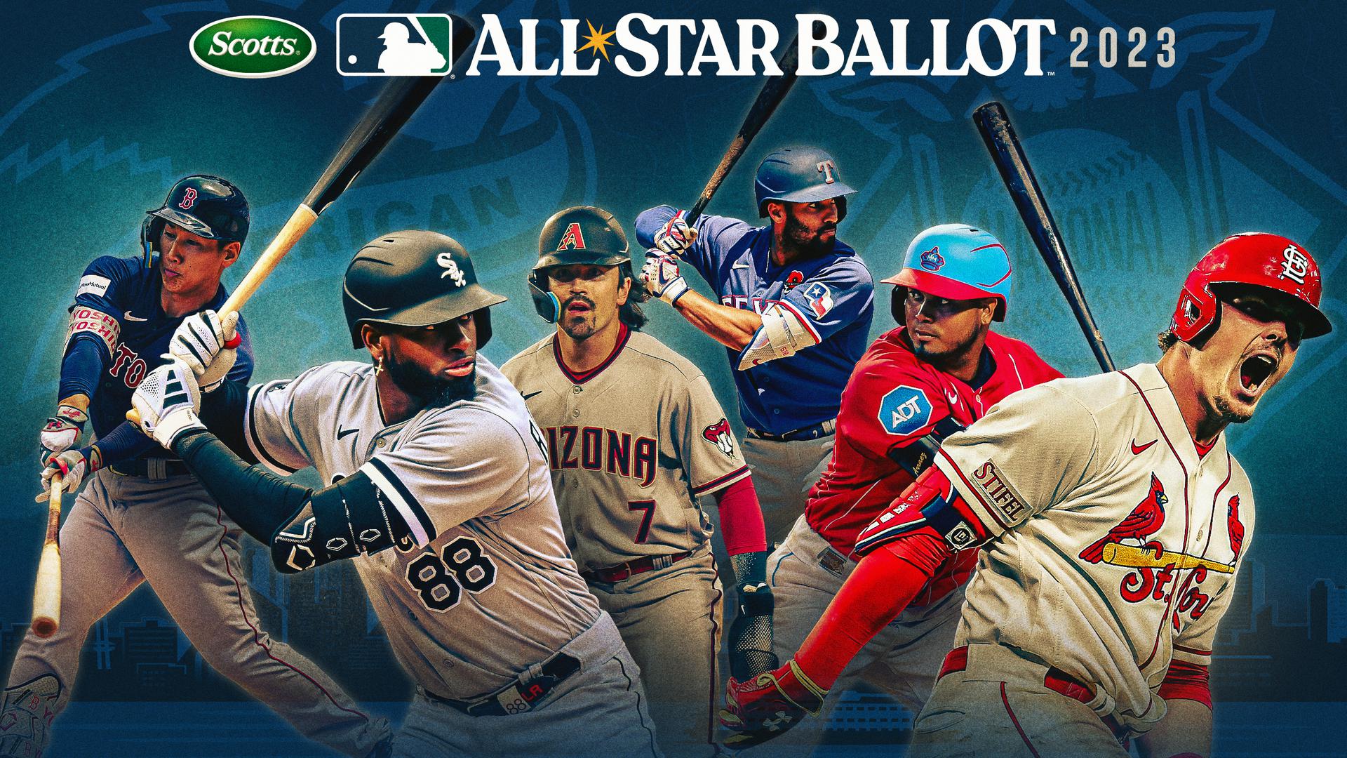 Six baseball players in various poses under a graphic promoting the All-Star Ballot