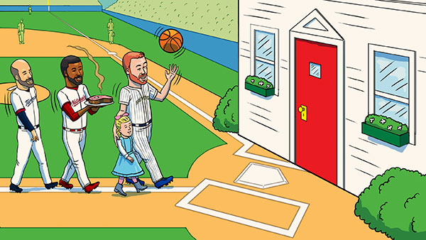 A cartoon image of a player holding a basketball with his other hand on his daughter's shoulder, another player holding a steak and a manager behind them as they walk off a baseball field toward a house with a red door