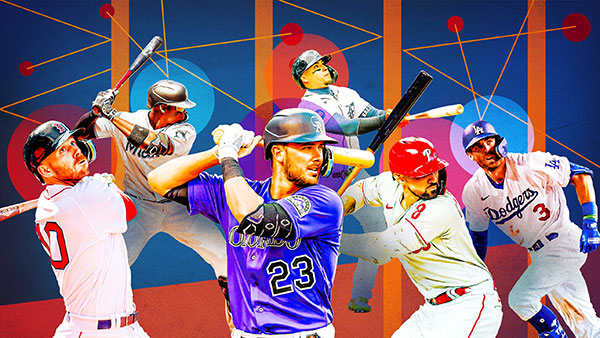 Designed image featuring Trevor Story, Jorge Soler, Kris Bryant, Javier Báez, Nick Castellanos and Chris Taylor