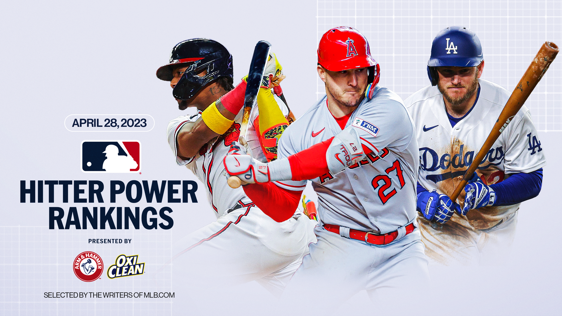 An image promoting Hitter Power Rankings featuring Ronald Acuña Jr., Mike Trout and Max Muncy 
