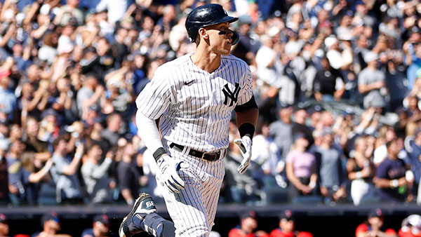 Aaron Judge jogs to first base after hitting a home run