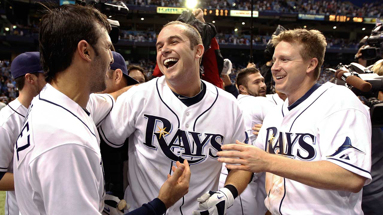 Evan Longoria celebrates with his Rays teammates in 2011