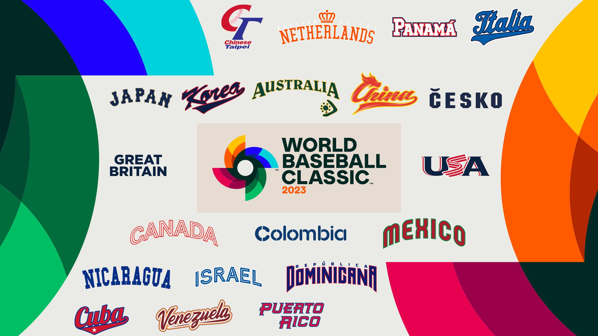 The World Baseball Classic logo in the center, surrounded by logos of the participating nations
