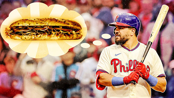 Kyle Schwarber staring at giant hoagie