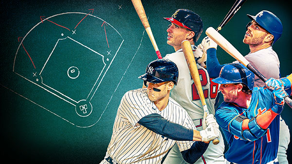 Anthony Rizzo, Matt Olson, Jeff McNeil and Freddie Freeman each holding a bat next to image of a baseball field for story about the shift ban