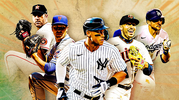 A composite image of Aaron Judge surrounded by Justin Verlander, Jacob deGrom, Carlos Correa and Trea Turner