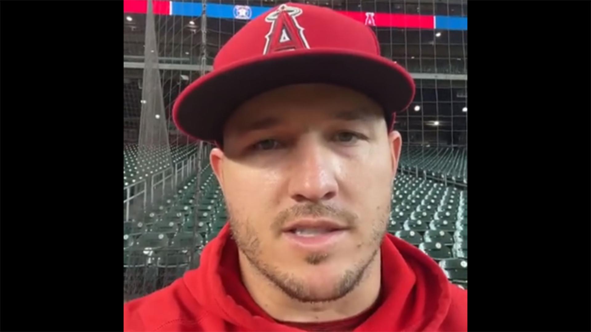 A screengrab of Mike Trout speaking to the camera