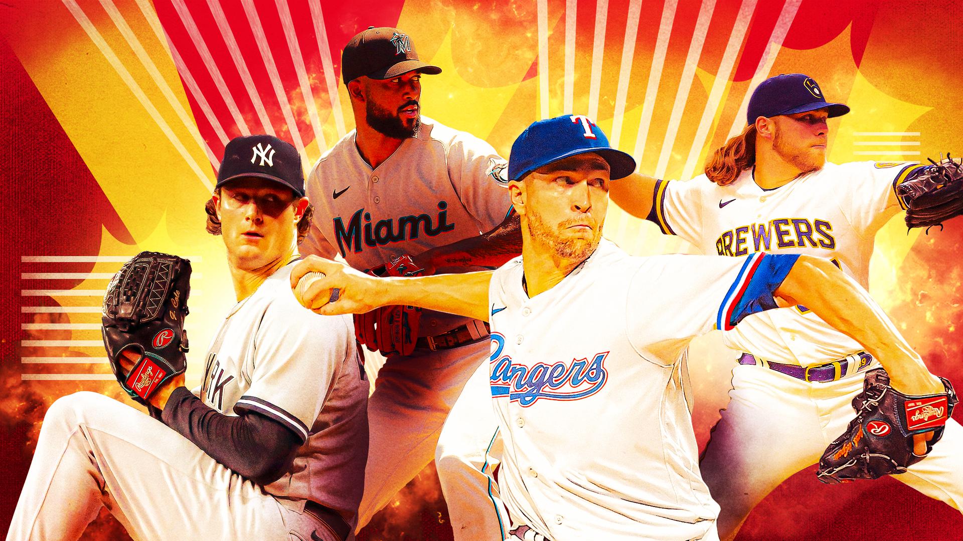 A photo illustration showing four pitchers against a bright, star-burst background