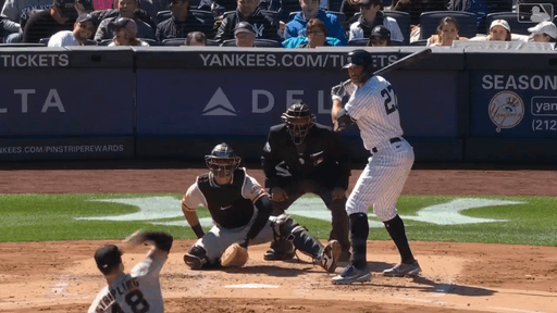 An animated gif of Giancarlo Stanton hitting a 485-foot home run