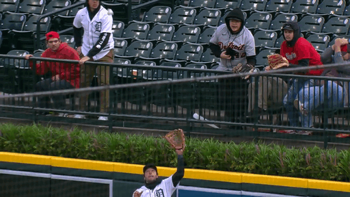 An animated gif of Matt Vierling making a leaping catch at the wall