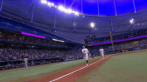 An animated gif of Brandon Lowe leaping onto home plate