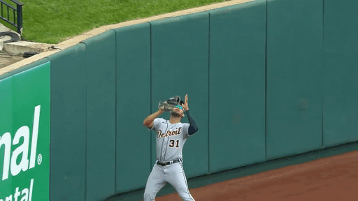 An animated gif of Riley Greene making a leaping catch