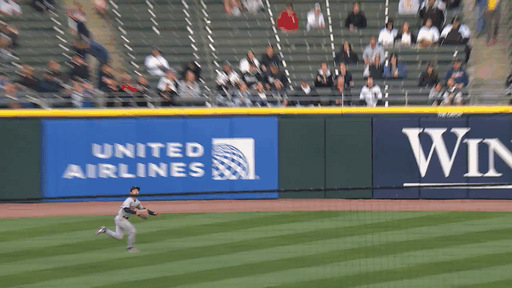 An animated gif of Steven Kwan making a diving catch
