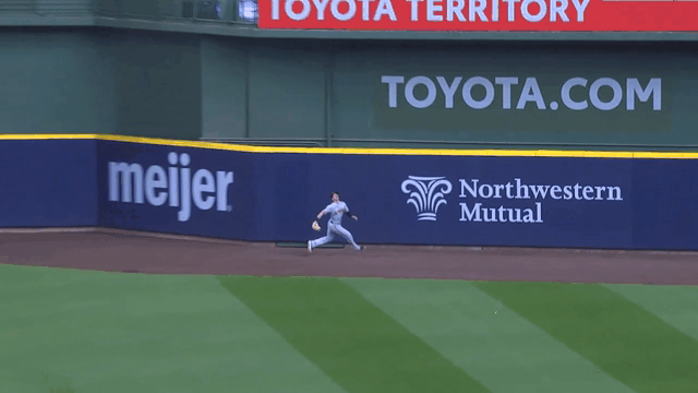 An animated gif of an outfielder robbing a home run