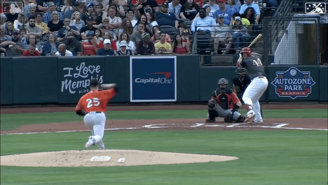 An animated GIF of Luken Baker breaking his bat on a home run swing