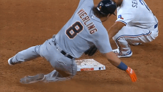 An animated gif of Matt Vierling sliding into second base