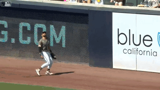 An animated gif of Fernando Tatis Jr. robbing a home run