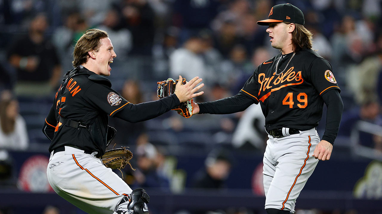 Adley Rutschman and DL Hall celebrate after an Orioles victory