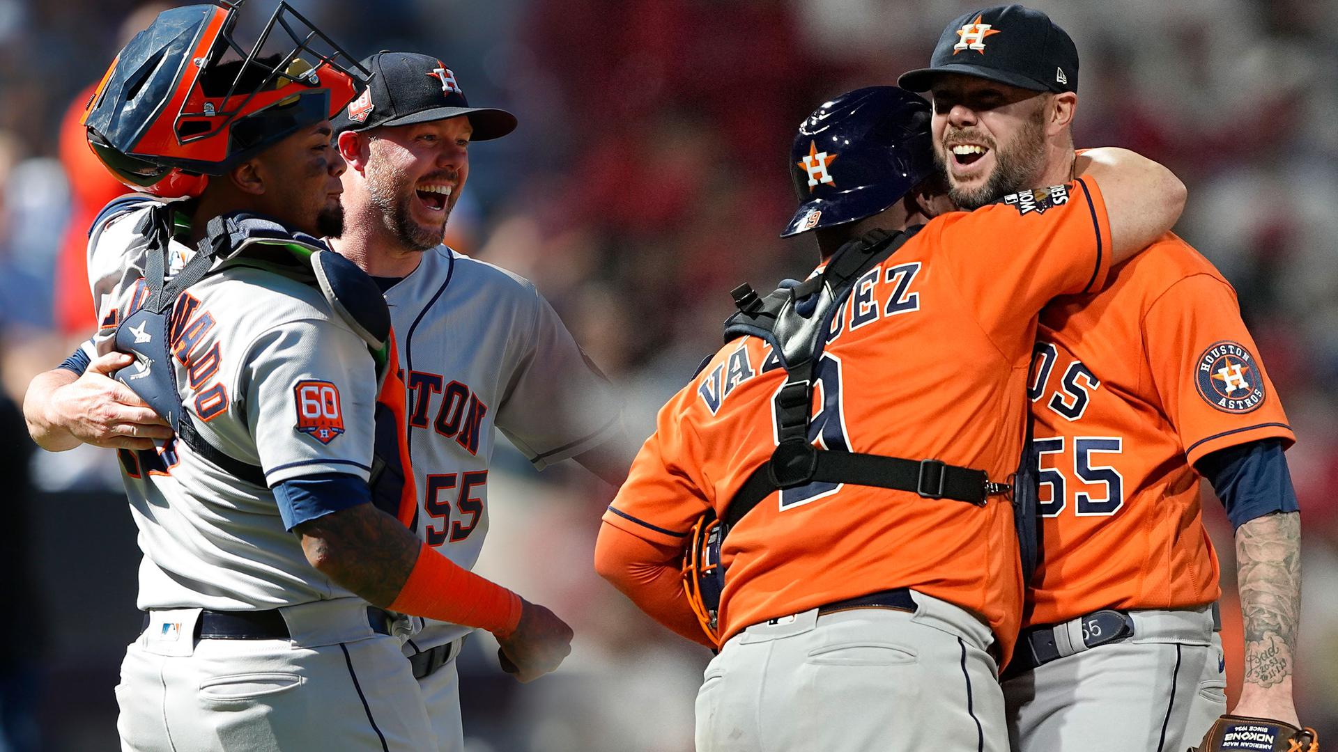 A combined image showing players embracing in gray road jerseys on the left and orange jerseys on the right