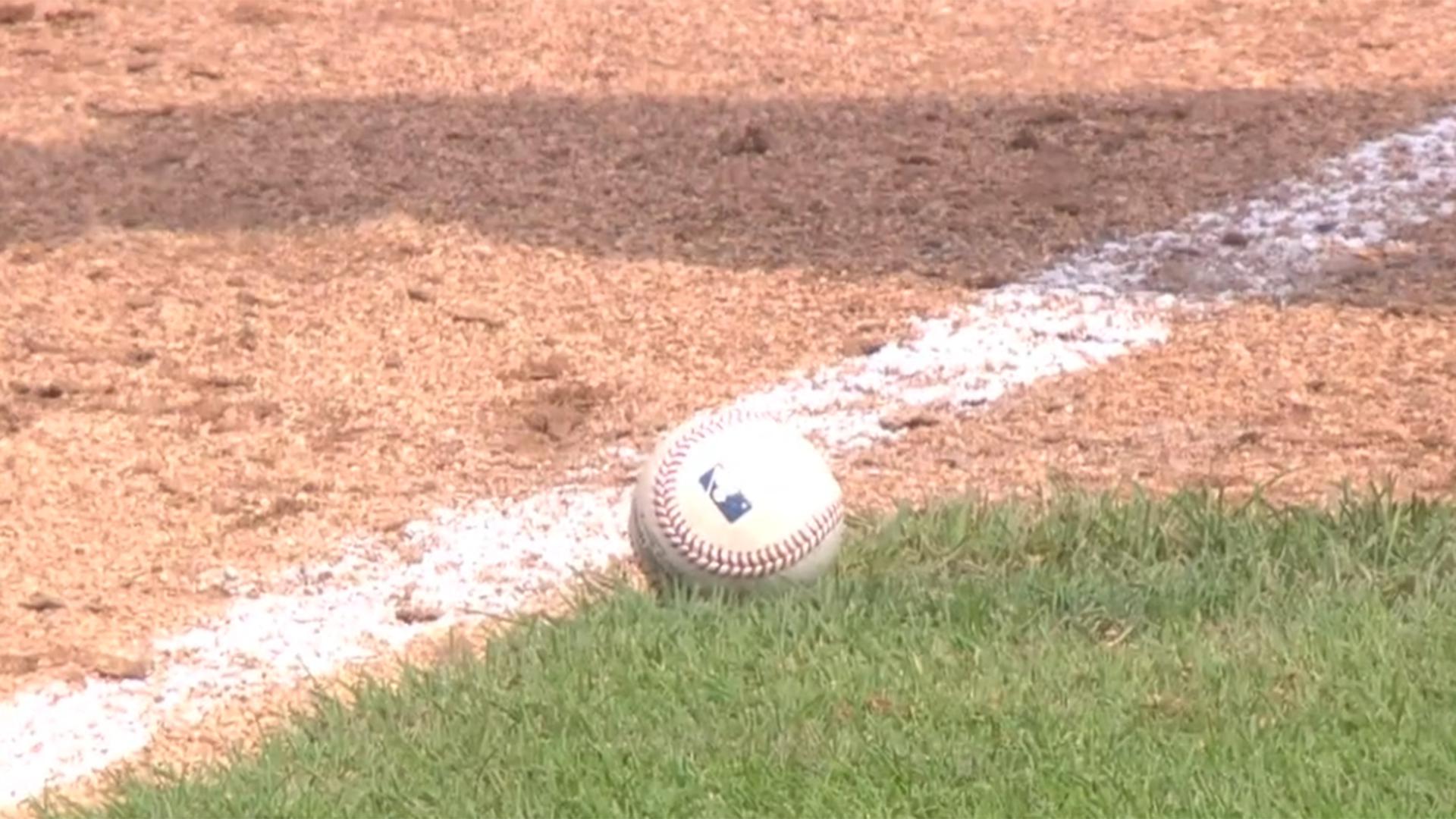 A baseball sits on the grass just fair inside the foul line