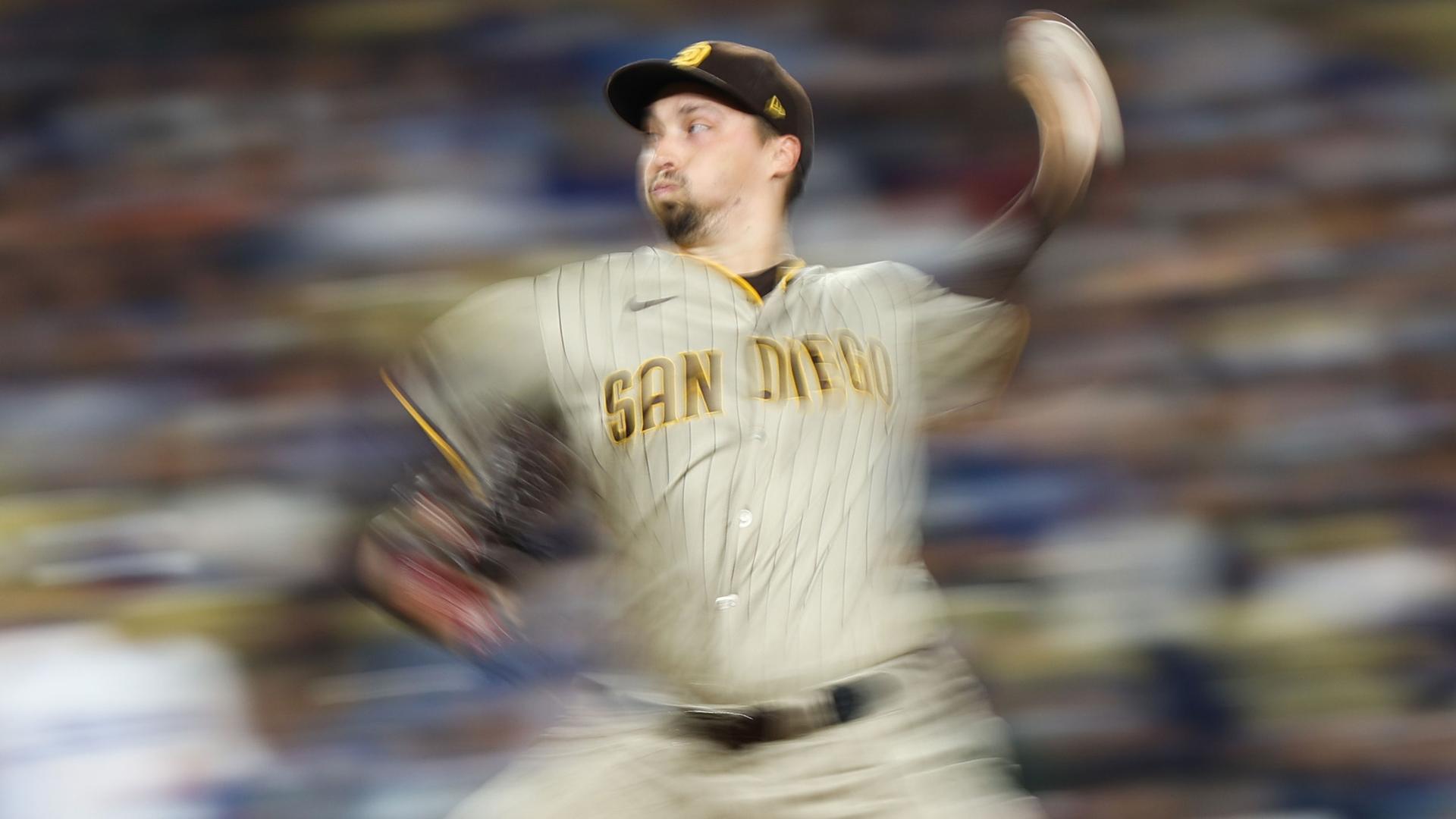 Blake Snell in motion pitching at Dodger Stadium