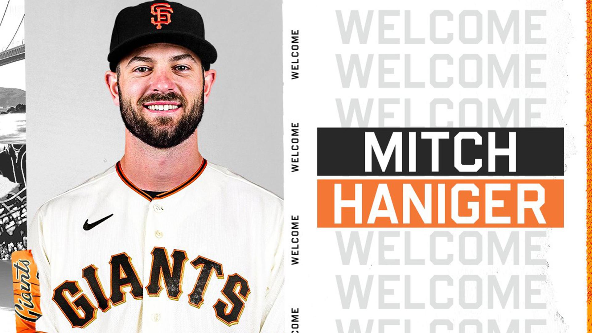 Portrait of Mitch Haniger in a Giants uniform. Text down the right side repeats ''Welcome'' in gray with his name in blocks of black and orange