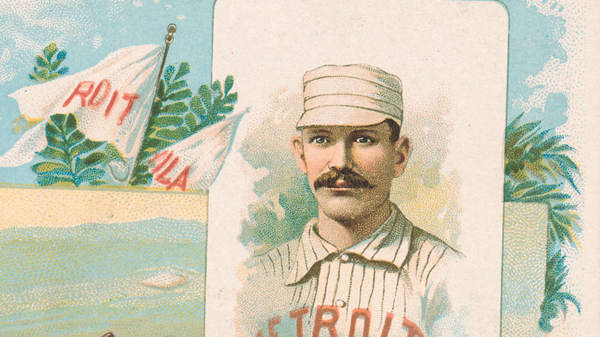 An illustration of a mustachioed player in a pinstriped jersey that reads ''DETROIT''