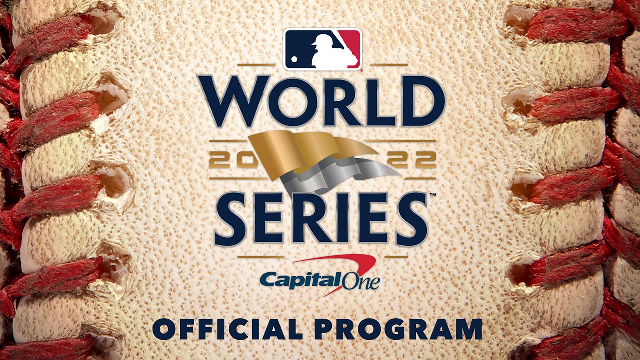 A graphic of the World Series logo and ''Official Program'' wording over a closeup of the cover of a baseball, with the stitches on either side
