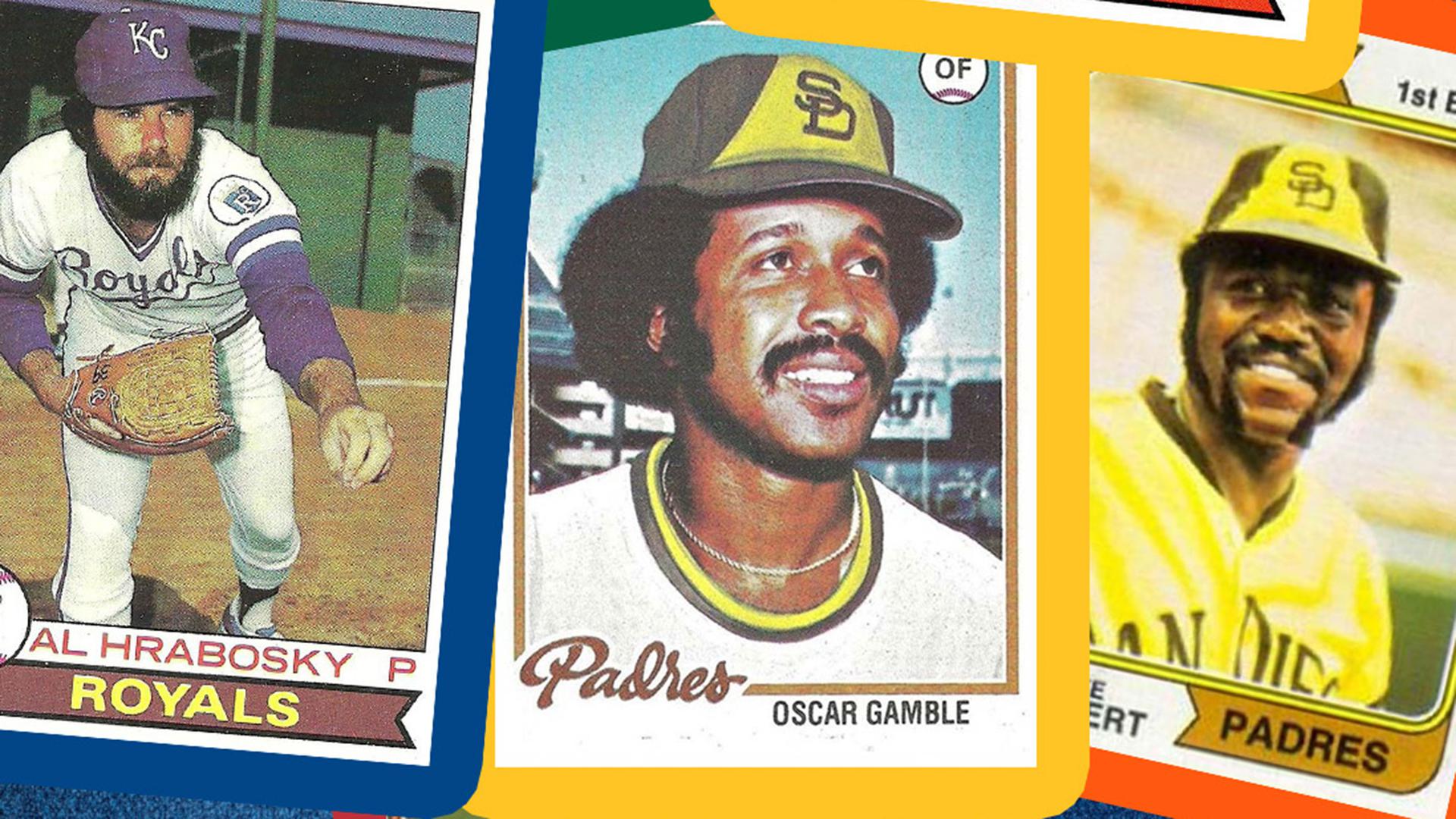 Three baseball cards from the 1970s showing players' hairstyles