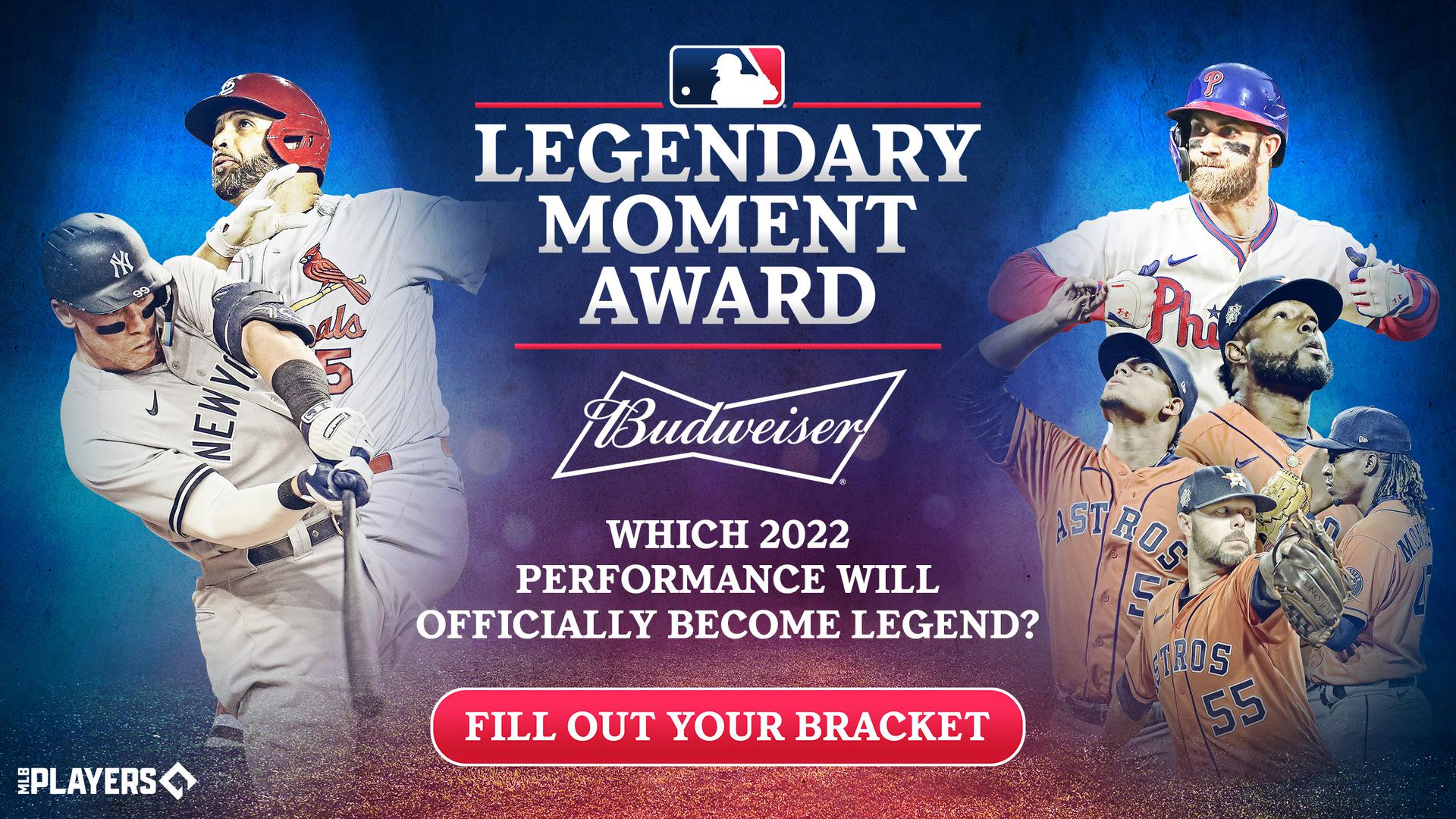 A designed image showing Aaron Judge, Albert Pujols, Bryce Harper and Astros pitchers flanking the words ''Legendary Moment Award''