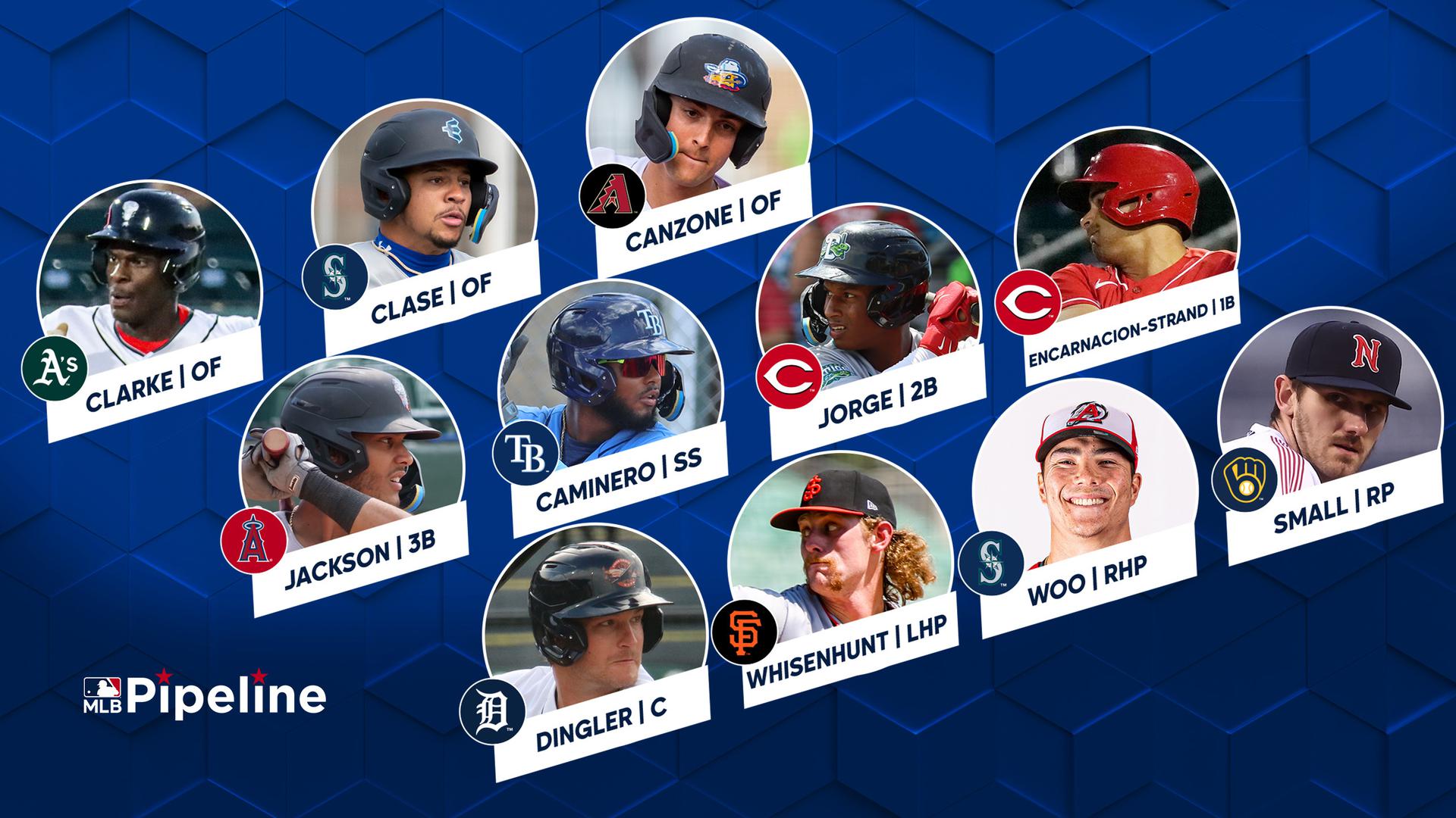 Head shots for 11 players are shown next to the MLB Pipeline logo